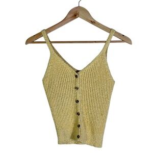 Its Our Time Yellow Metallic Ribbed Button Down V Neck Tank Top Womens Medium